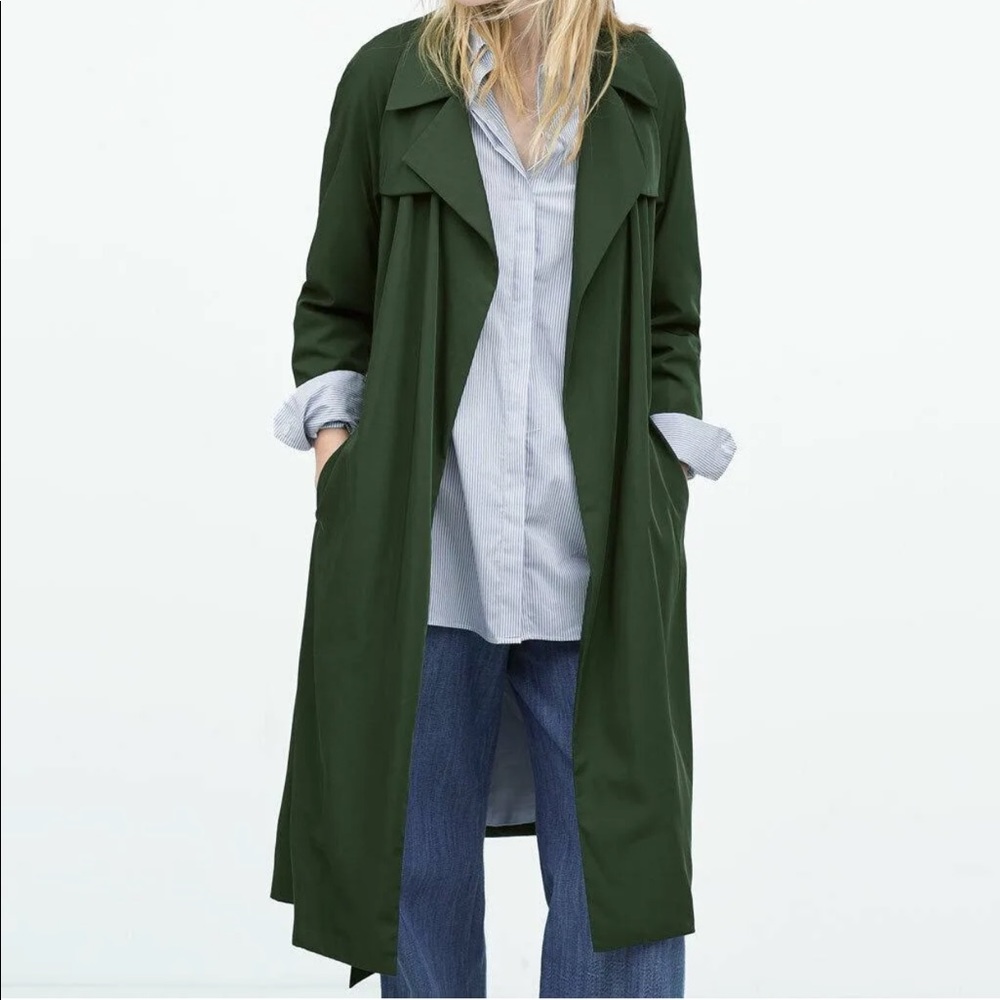 ZARA Basic Silky Flowing Trench Coat~Dark Green ~ Blue Stripped Lining - Size XS